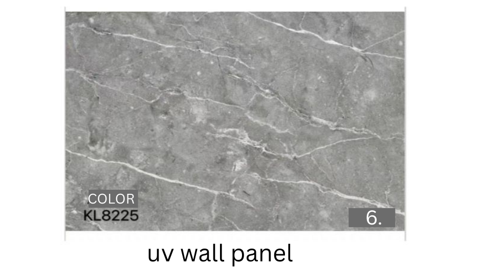 Gray marble-like uv wall panel with product details on a white background